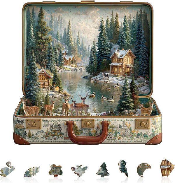 Suitcase Scenery-Nordic Forest Wooden Christmas Puzzles Adults, 290 Pieces Wood Puzzle with