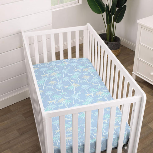 Soft Mini Crib Sheet with Watercolor Tropical Animals - Blue, White & Green