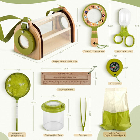 Set 3-12 Wooden Bug Catcher Kit for Kids, Bug Catching & Insect Explorer with Butterfly Net, Magnifying Glass, Bug