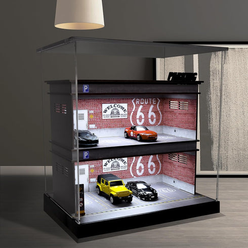 Display Case 1/64 Scale Diecast Parking Garage Model - 3-Tires with LED Light, 12 Parking Spaces, Full Acrylic Cover