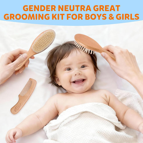 Set, (3 Set) Baby Hair Brush & Comb Organic Wooden Hairbrush Natural Goat Bristles for Newborns & Toddlers, Ideal