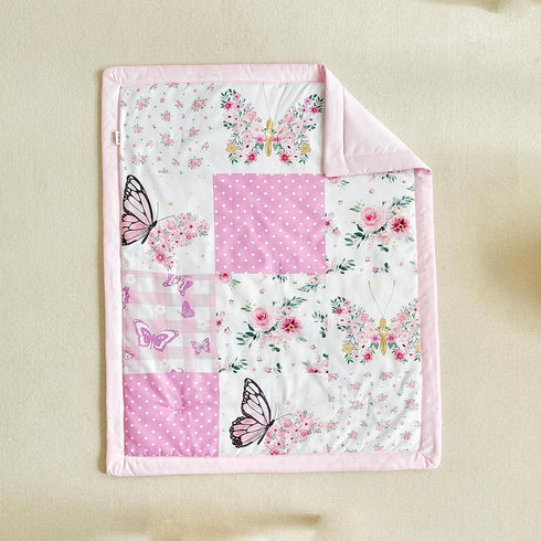 Set 3 Set Patchwork Crib Bedding Butterfly Plaid Floral Design Pieces Baby Girl Cute Quilted Comforter with Fitted
