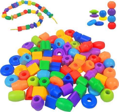 Plastic Lacing Beads for Kids (70 pcs) - Fun Shapes, Long String, Brilliant Colors, Educational Fine Motor Toys