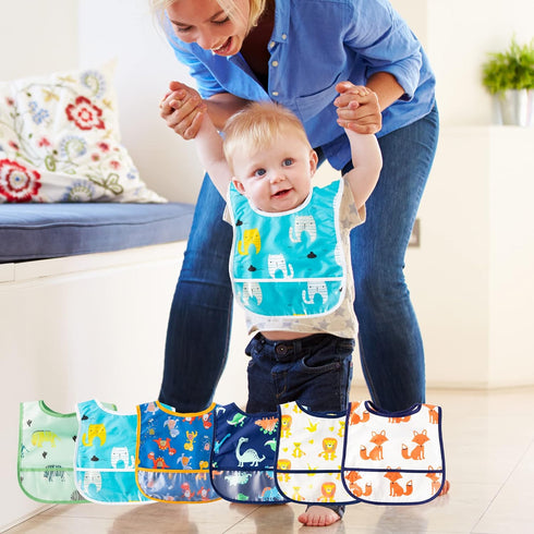 6Pcs Waterproof Toddler Bibs Set, Adjustable Baby Teething Bib with Crumb Catcher Pocket for 6-24 Months