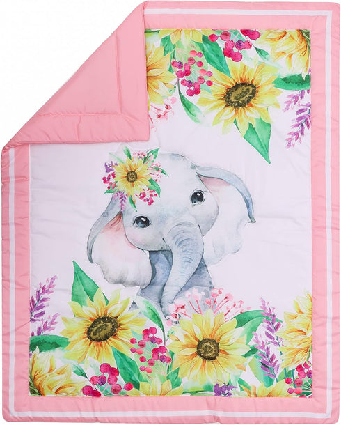 CribMATE Set 3 28'' 52 Pink Floral Elephant Crib Bedding for Girls Pieces Quilt - Fitted Sheet - Skirt x ''