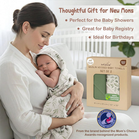 100% 32x32 Inch 2 Pack Organic Cotton Muslin Baby Hooded Towels Soft & Absorbent Baby Hooded Towel Wrap for Boys
