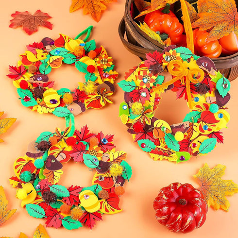 Aneco 12 Kits DIY Fall Leaf Wreath Craft Kits with Foam Leaves, Stickers, Chenille Stems for Thanksgiving