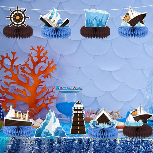 12Pcs Nautical Party Supplies Cruise Ship Birthday Honeycomb Centerpieces for Ocean Party Decorations Ship Theme Table