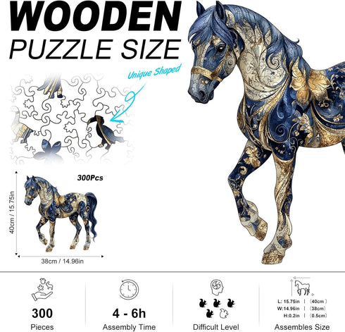 300pcs 15'' 15.6'' Horse Wooden Puzzles for Adults, Horse Wooden Jigsaw Puzzles for Adults, Unique Shaped Jigsaw