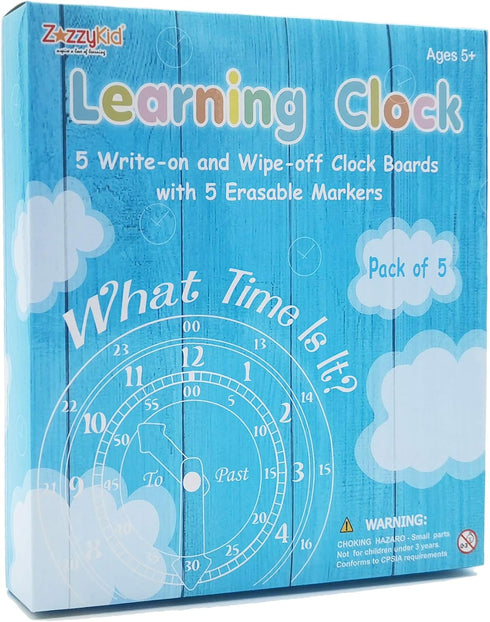 Time Learning Analog Clock for Kids - Pack of 5 (7 x 8 Inches) with 5 Erasable Markers
