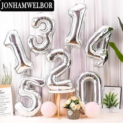 Jonhamwelbor Giant Silver Number Balloons, 16 Foil Mylar Balloons for Sweet 16th Birthday Party Supplies