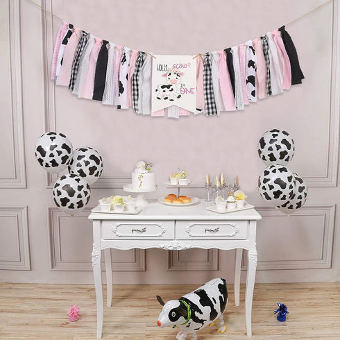 1st Holy Cow I'm One Birthday High Chair Banner, Farm Themed, Pink, Adjustable Size