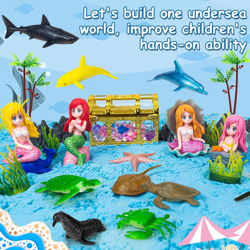 57Pcs 3-5 6 7 8 Sensory Bin, Ocean Mermaid Sensory Bins for Toddlers Sand Art Kit Sea Animals Molds Sandbox with Cover