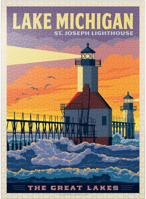 MyPuzzle Great Lakes: Lake Michigan, Vintage Poster - Premium 1000 Piece Jigsaw Puzzle for Adults
