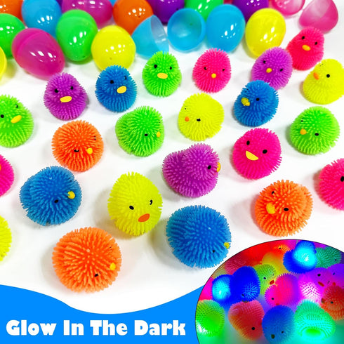 24 Pack AMENON Prefilled Easter Egg with Toys Fillers , Light Up Chick Duck Puffer Balls Easter Basket Stuffers Squeeze