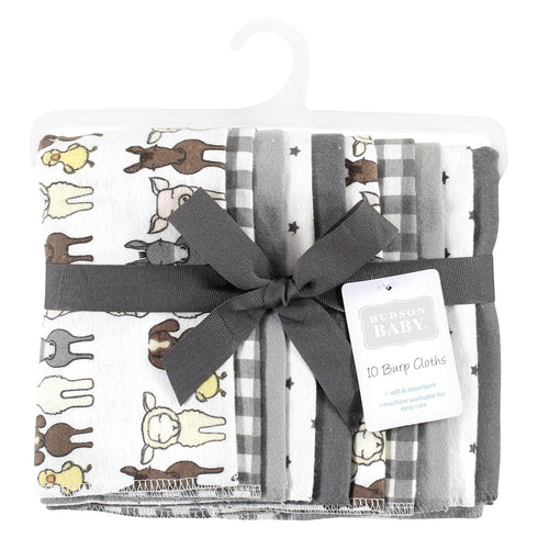 10-Pack, Hudson Baby Unisex Baby Cotton Flannel Burp Cloths Farm Friends Grey, One Size