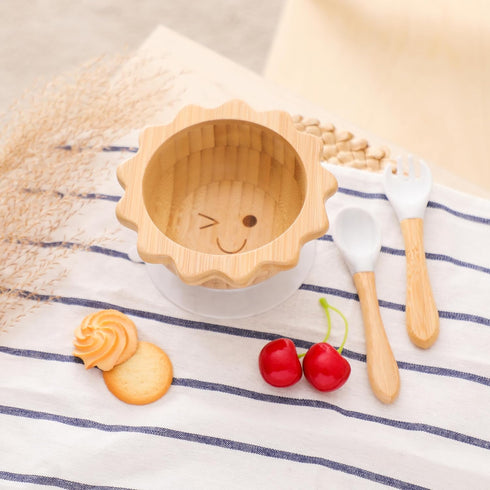 Bamboo Suction Bowl for Baby, Kid, Toddler, Spoon Fork Set, Removable Silicone Suction, All-Natural Feeding Set