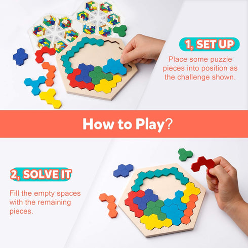 Coogam Wooden Hexagon Puzzle for Kid Adults - Shape Pattern Block Tangram Brain Teaser Toy Geometry Logic IQ Game STEM