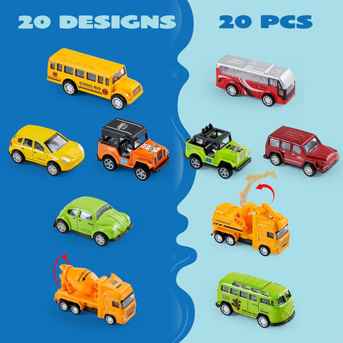 20PCS Set JOYIN Die Cast Pull Back Cars, Metal Toy Cars, Car Toys Bulk, Vehicle for Toddlers, Kids Party Favors, Cake