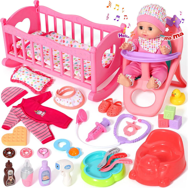 DRAMATION 12'' Interactive Baby Doll Set with Crib and High Chair, 32