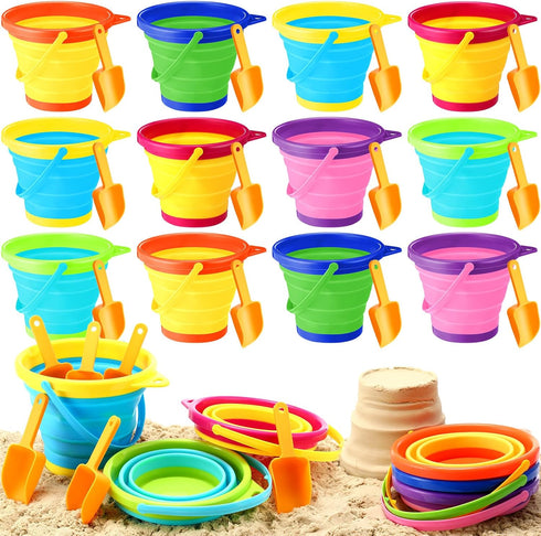 12 Pcs Foldable Pail Bucket with 12 Shovels, 2.5 L Collapsible Sand Buckets for Beach Toys, Colorful