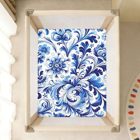 CZXW 52" 28" Blue White Floral Tile Crib Sheets Fitted x Natural Cotton Soft & Breathable for Baby Crib Mattress