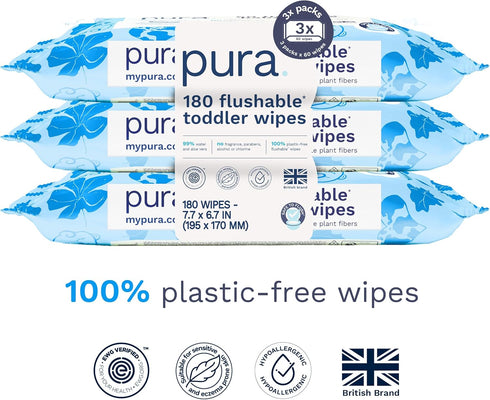 3 60 (180 100% 99% Pura Flushable Toddler Wipes x Wipes Wipes), Plastic Free, Water, Hypoallergenic & Fragrance Free