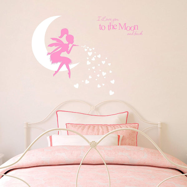 Fairy Wall Decal, I Love You to The Moon and Back, Soft Pink and White, Kids Bedroom Nursery Decor (A19)