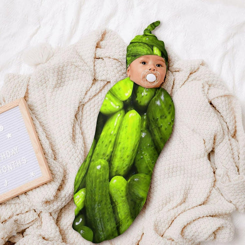 3D Funny Realistic Food Green Pickles Cucumbers Newborn Baby Swaddle Blanket with Beanie Hat