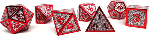 Heroic Dice of Metallic Luster - 7 Piece Metal Polyhedral Dice Collection in Silver with Red Font