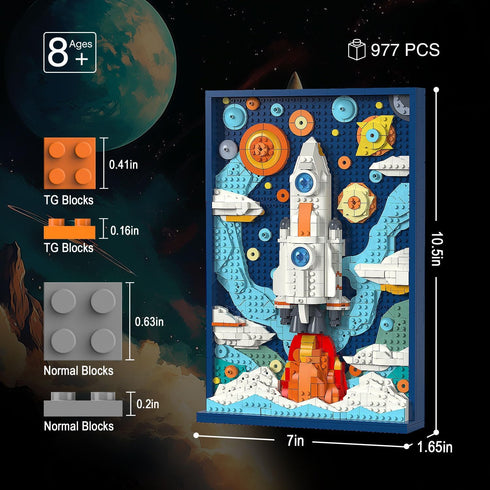 Set, 3D 8+ Micro Brick Rocket Building DIY Space Rocket Model Craft Kit, Wall Art Home Office Decoration or Table
