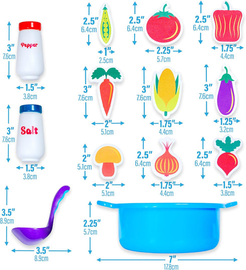 Tub Works Tub Soup Scoop, Strain & Play Toddler Bath Toy | Floating Foam Veggies, Ladle for Scooping & Soup Pot