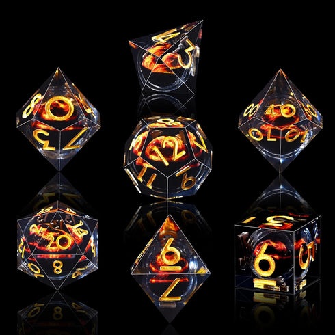 AUSTOR 7 Die DND Dice Set: 7 Pieces Red Flame Dragon Resin Dice with Case