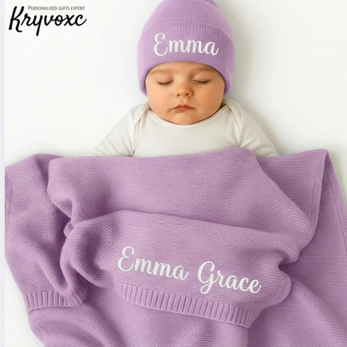 Kryvoxc Set 95% Personalized Baby Blanket with Name, Cotton Customized Swaddle Blanket and Beanie, Receiving Blanket