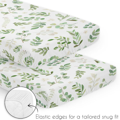 Set Pack 3pc Sweet Jojo Designs Green Boho Floral Leaf Baby Boy Girl Mini Crib Bedding Infant Nursery Room Newborn