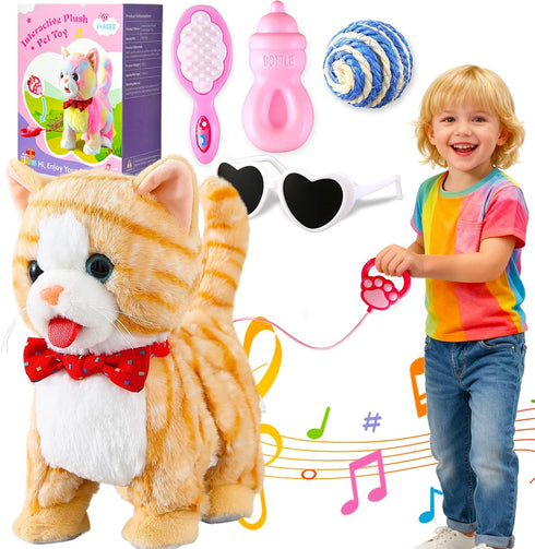 HCdoujoy Yellow Walking Cat for Girls Set Toy Talking Singing Animated Robot Kitty