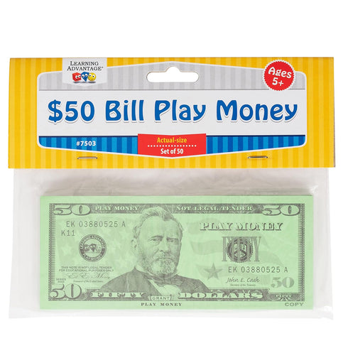 LEARNING ADVANTAGE Fifty Dollar Play Bills, Set of 50, $50 Paper Bills