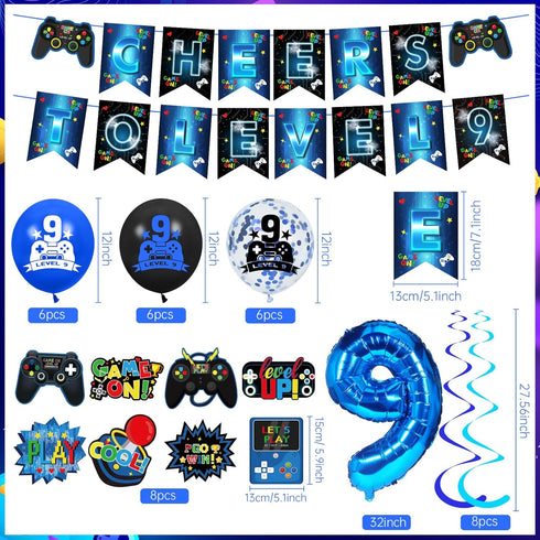 Video Game Theme 9th Birthday Party Decorations for Kids - Blue Black Cheers to Level 9 Banner, Hanging Swirls, Level