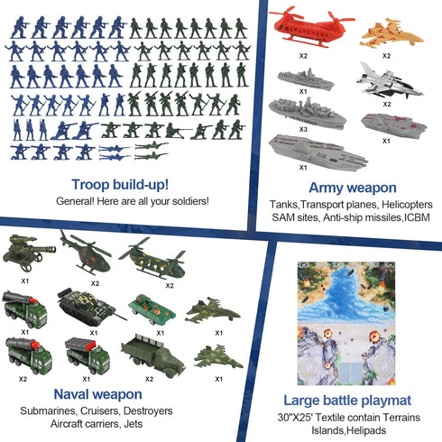 Playset Set 4-12 Army Men - Large Including Army Men Action Figures, Battle Mat, Army and Navy Weapon Gear Accessories