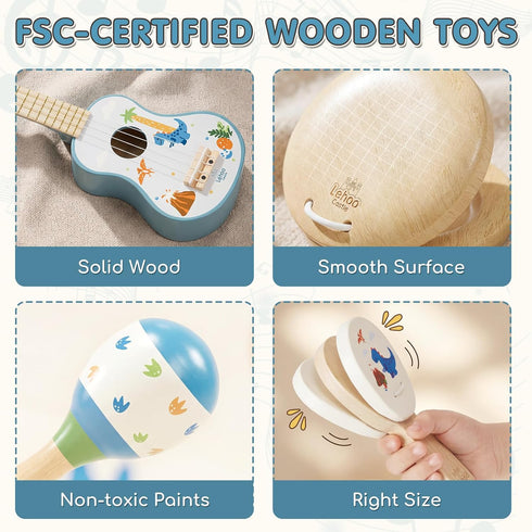 Set, 1-3, 7 1 Set Lehoo Castle Kids Guitar Dinosaur Guitar for Toddlers Wooden Montessori Musical Instruments