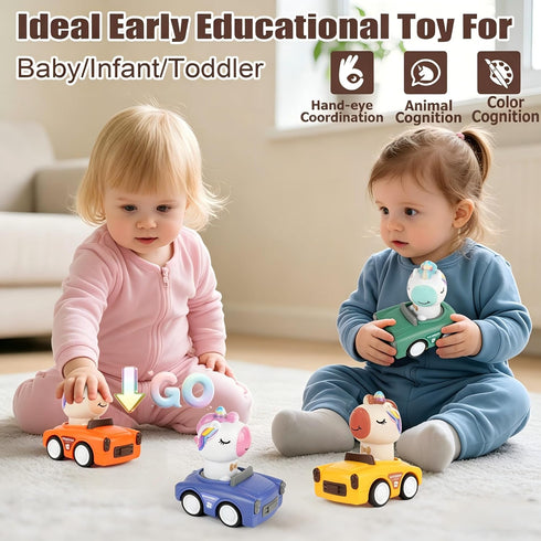 IOMDRWU 1-3, 6-9-12-18 1st 1-2 Press to Go Car Toys for Toddlers Animal Baby Cars, Push Go Friction Inertia Car, Infant