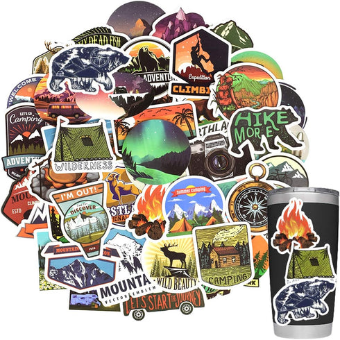 Stickers for Water Bottles - Outdoor Nature Camping Adventure Stickers, Waterproof Vinyl for Teens, 50Pcs