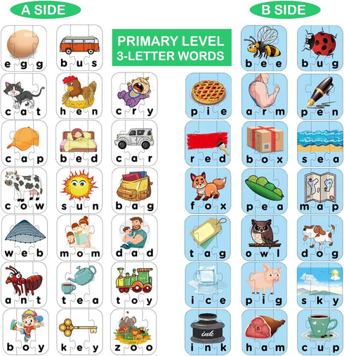 80 Words Self-Correcting Spelling Puzzles, Double-Sided Three and Four Letter Words for Preschool Learning