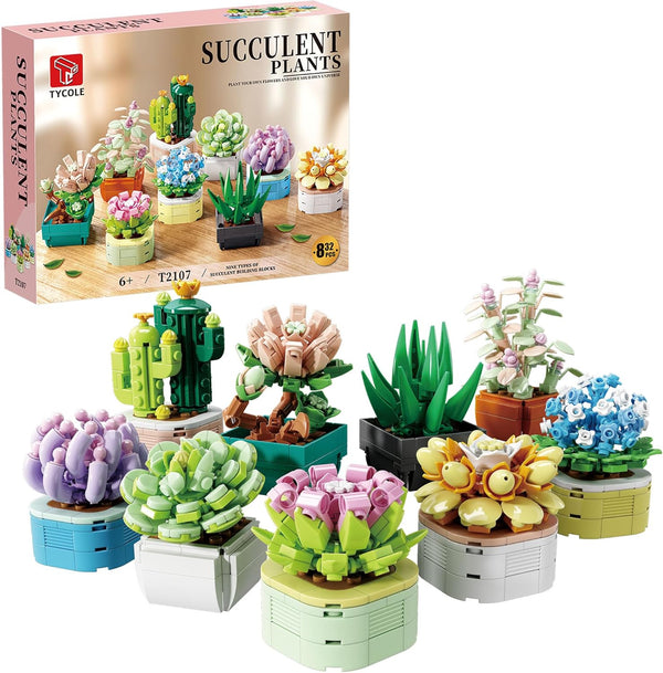TYCOLE 9 in 1 Tiny Flowers Succulents Artificial Plant Set-Creative Botanical Building Block