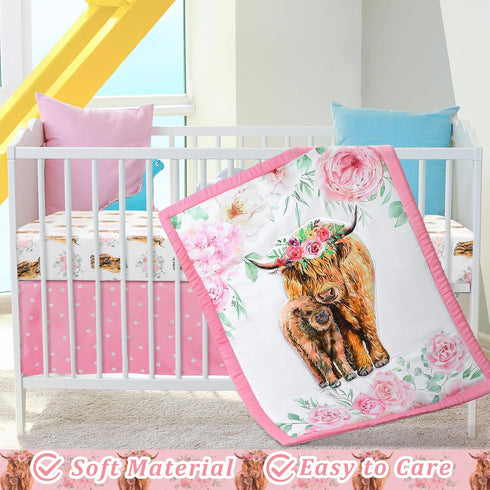 Hahafelt 3 Set Sets Piece Highland Cow Baby Crib Bedding for Baby Girls Pink Floral Nursery Crib Includes Quilt,Fitted