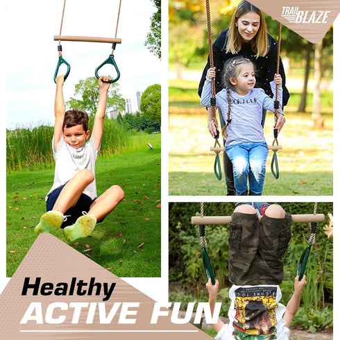 Wooden Trapeze Swing Bar for Kids, 18" Adjustable Height Monkey Bars Rings, Ninja Warrior Obstacle Course Accessories