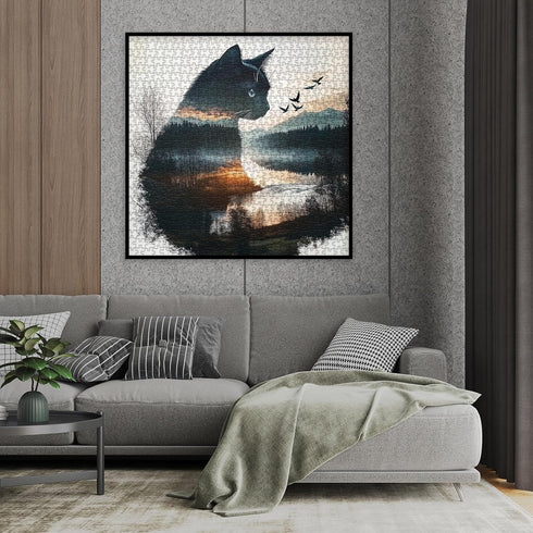 Larkipuzz 1000 Art Forest Cat Puzzles for Adults Pieces, Challenging Mountain Plant Tree Kitten Jigsaw Puzzles