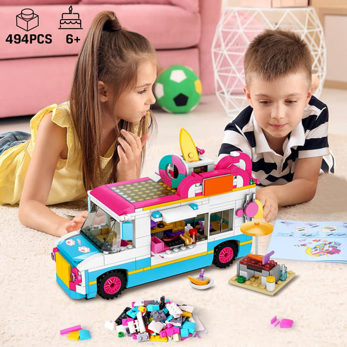 HOGOKIDS 3-in-1 Girls Camper Van Building Set, 494PCS Summer Beach Camping Blocks and Food Truck Toys
