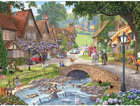 Bits and Pieces 4-in-1 Multi-Pack, 1000 Piece Jigsaw Puzzles for Adults, Village Life by Artist Steve Crisp