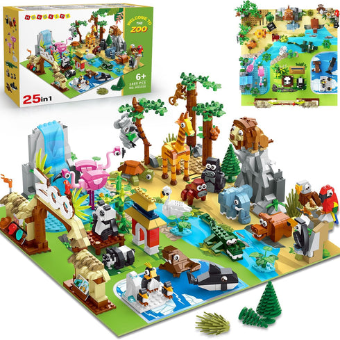 HOGOKIDS 25 Animals Zoo Building Set with Play Mat - 8 Pack